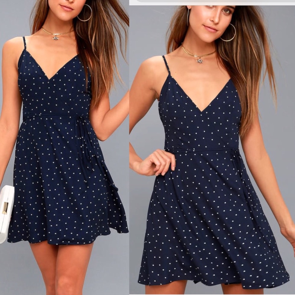 Lulu’s Jazzed Up Navy Blue Polka Dot Wrap Dress - Picture 1 of 8